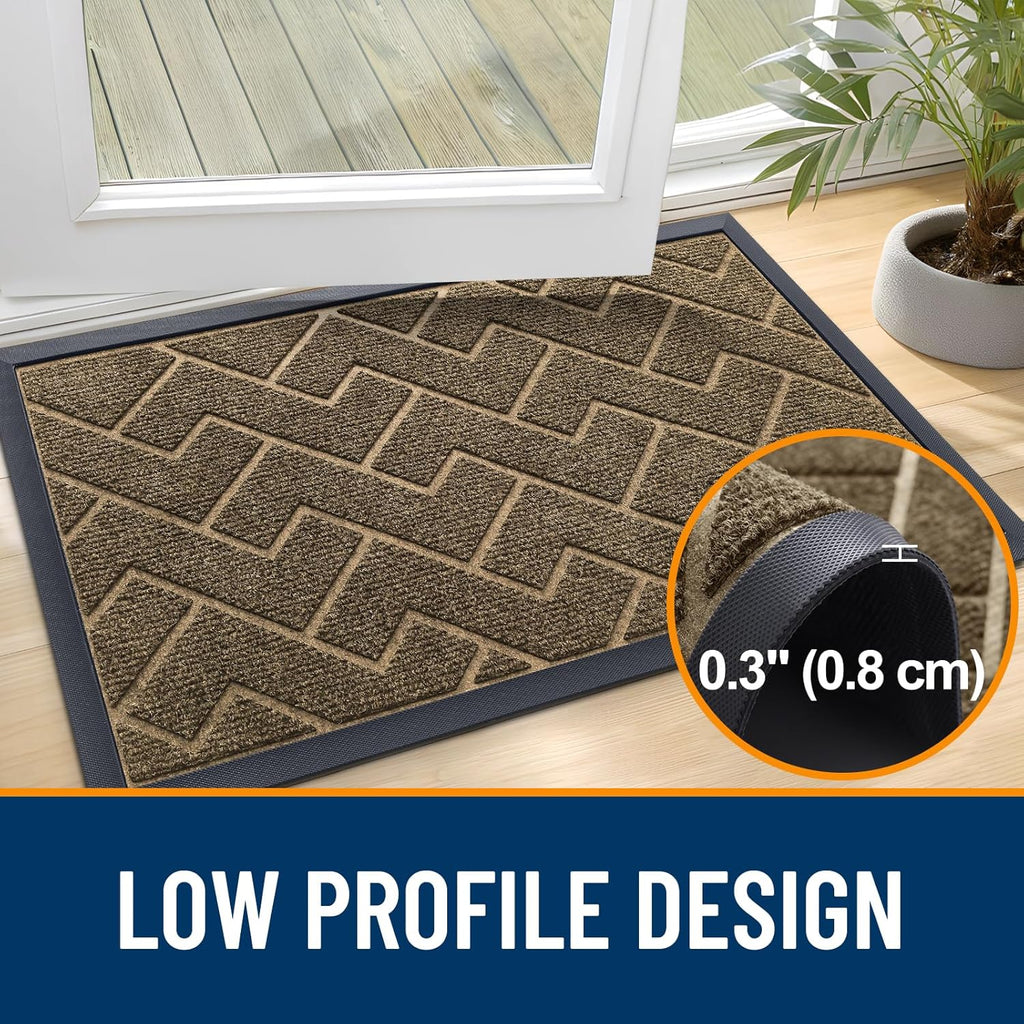 OLANLY Waterproof All-Season Front Door Mat - Sturdy Natural Rubber, Low Profile, Herringbone Brick (Brown, 71x47)