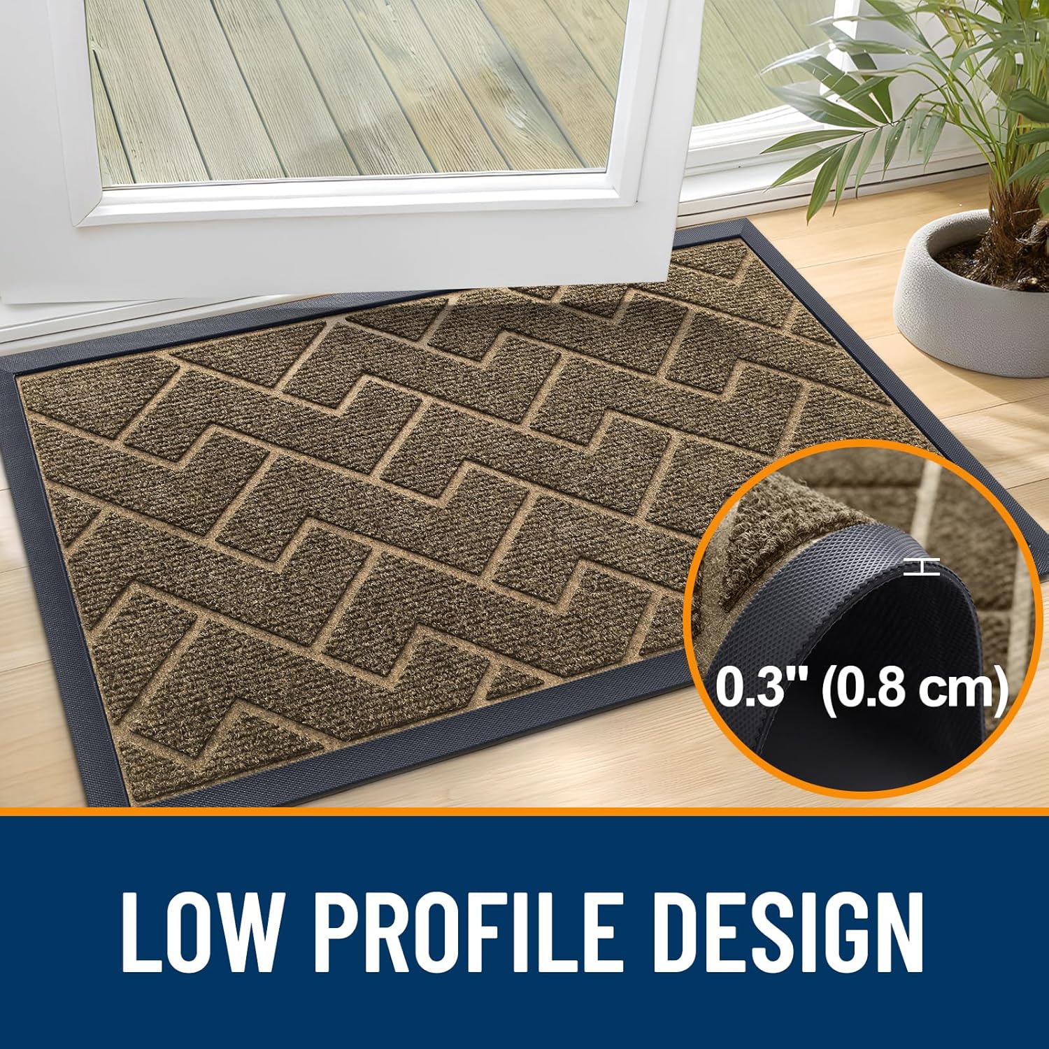 OLANLY Waterproof All-Season Front Door Mat - Sturdy Natural Rubber, Low Profile, Herringbone Brick (Brown, 71x47)