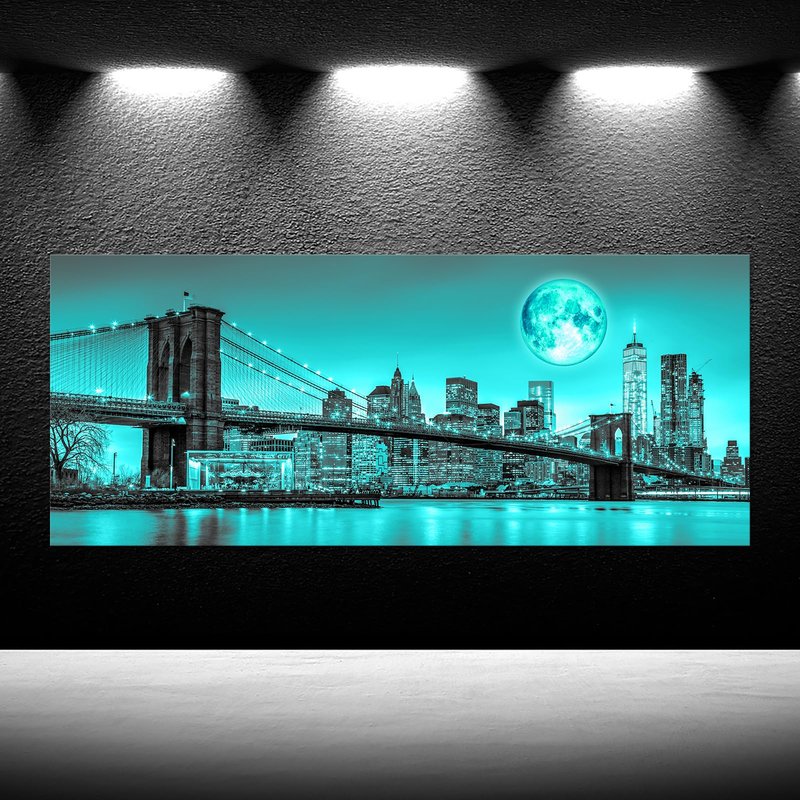 iKNOW FOTO Black White New York Canvas Prints Full Moon Night in Manhattan Picture Brooklyn Bridge Wall Art Modern Gallery Wrapped Canvas Print for Home and Office Decoration 20x48 Inches (Teal)