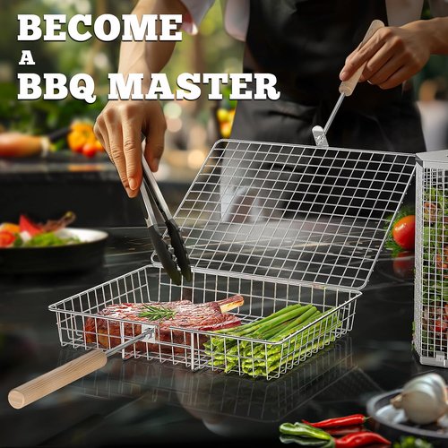 Ivtivfu Grill Basket Set - Removable Wooden Handle, 304 Stainless Steel BBQ Tools for Vegetables & Fish