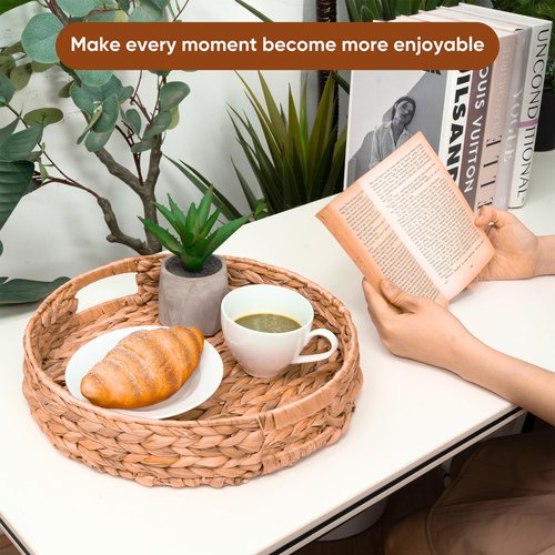 KOLWOVEN Set of 2 Round Hyacinth Trays, 12.5 and 11.5 Inch Wicker Serving Tray, Natural, KHAY-BEO-SET2