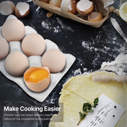 Flexzion Porcelain Egg Crate - 6 Capacity Ceramic Tray, Half Dozen Holder, White Decorative Serving Dish and Storage Organizer, 2 Pack