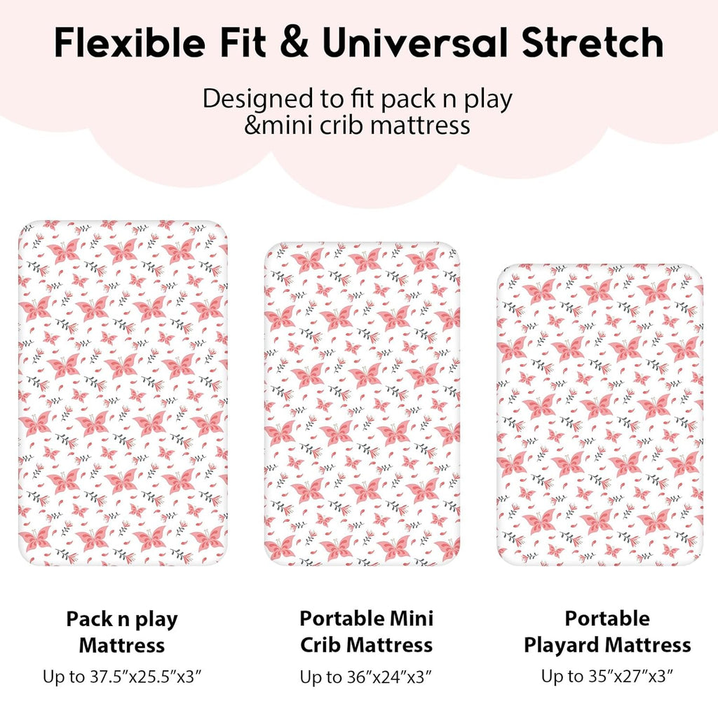 Yoofoss Fitted Pack and Play Sheets - Soft, Stretchy Mini Crib Sheets 2-Pack (Pink + Butterflies)