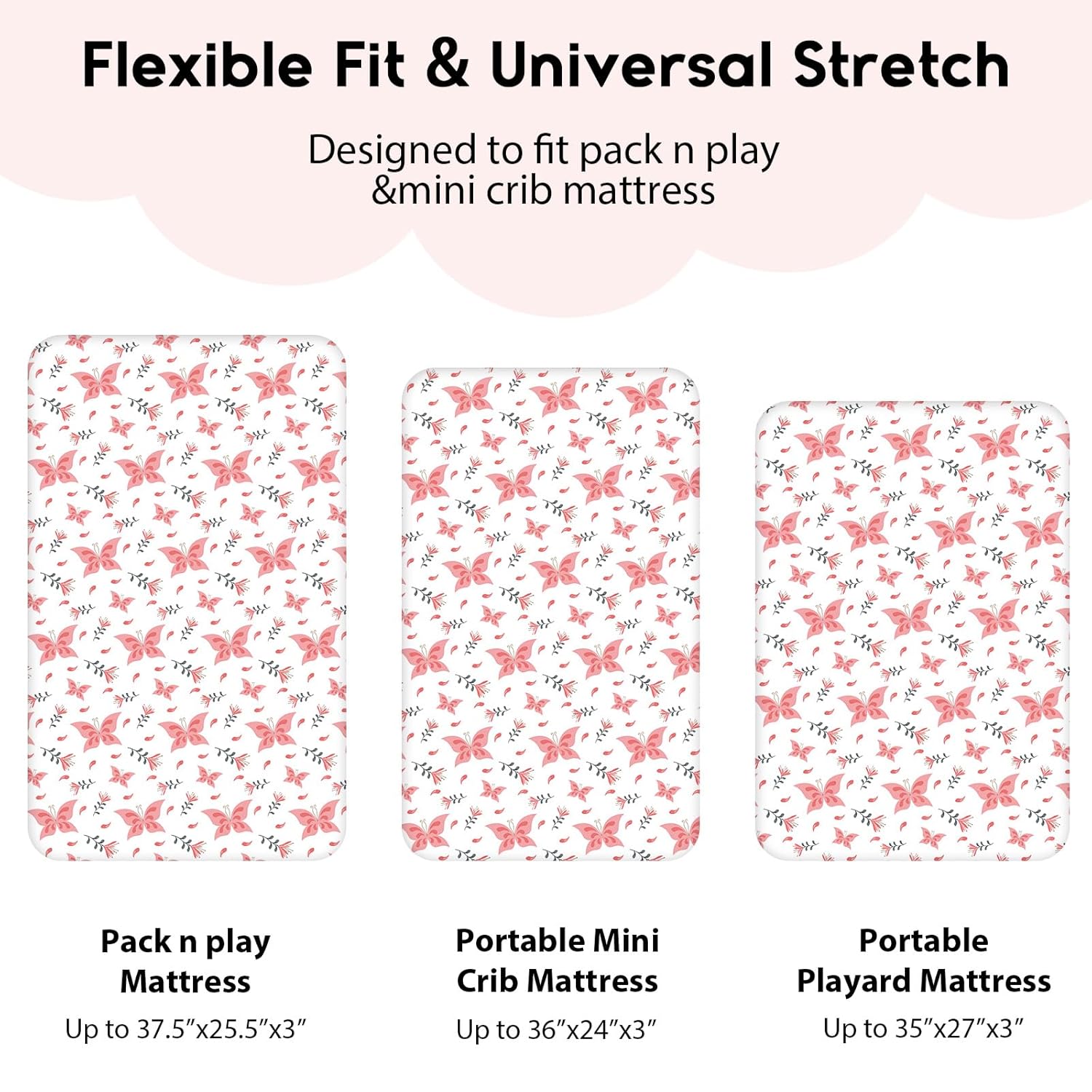 Yoofoss Fitted Pack and Play Sheets - Soft, Stretchy Mini Crib Sheets 2-Pack (Pink + Butterflies)
