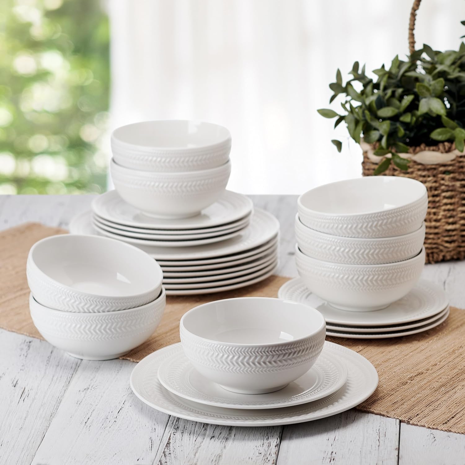 Pfaltzgraff Josephine 24-Piece Dinnerware Set - Elegant Embossed Basket Weave Design | Service for 8, White, Microwave & Dishwasher Safe
