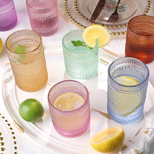 abrwyy Pink Drinking Glasses Set of 4, 10 oz Hobnail Drinking Glasses - Pink Vintage Glassware for Beer, Cocktail, Soda, Juice, Coffee and Various Mixed Drinks