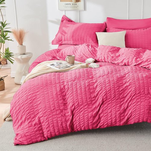 HYMOKEGE Queen Comforter Set - Hot Pink Seersucker 7-Piece Luxury Bedding Set for All Seasons