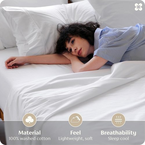 Bedsure 100% Washed Cotton Percale Sheets - Soft & Breathable 6-Piece Queen Set with 18" Deep Pockets (White)