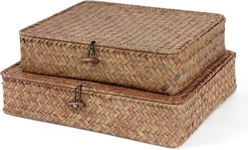 Moosky Flat Wicker Shelf Baskets - Handwoven Seagrass Storage Bins with Lid | Set of 2, Coffee Color