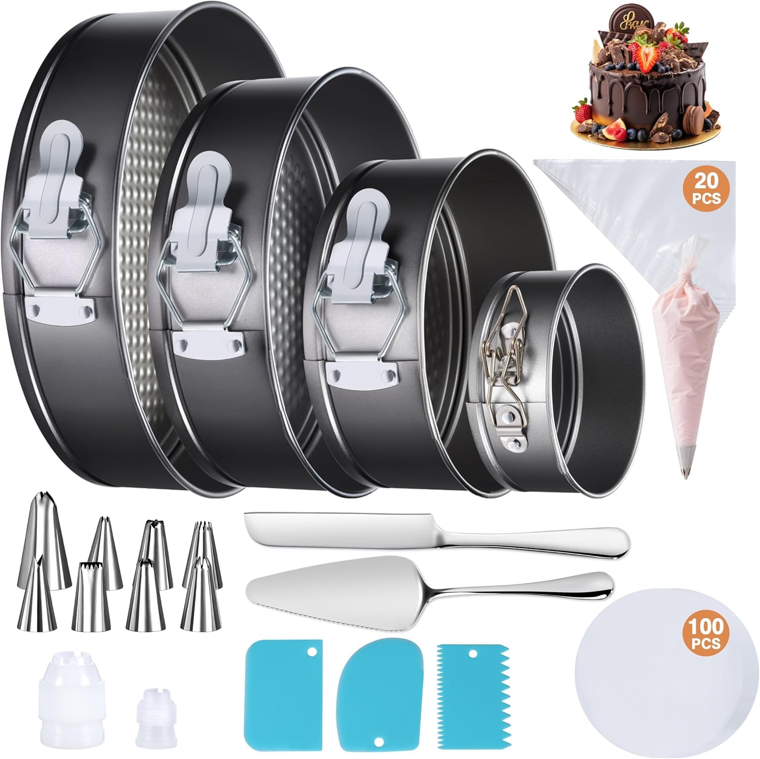 Skiennix 139PCS Springform Cake Pan Set - Non-Stick Cheesecake Pans (4/7/9/10-Inch) + Decorating Tools & Supplies