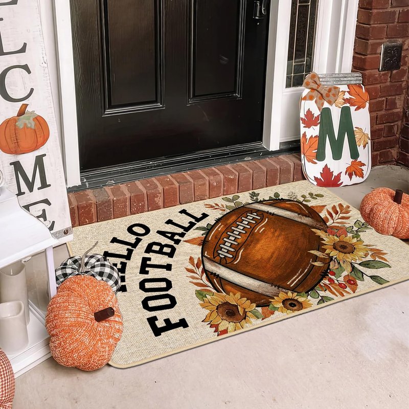 Baccessor Fall Rugby Pumpkins Kitchen Mats Set of 2,Autumn Football Pumpkins Helmet Low-Profile Non Slip Absorbent Kitchen Mat Rugs for Floor Farmhouse Thanksgiving Home Decor 17x29 and 17x47 Inch