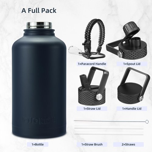 BJPKPK Half Gallon Insulated Water Bottles with Straw Lid, 64oz Large Water Jug, Stainless Steel Bottles with 3 Lids and Paracord Handle, Thermo for Hot & Cold Liquid, Navy Blue