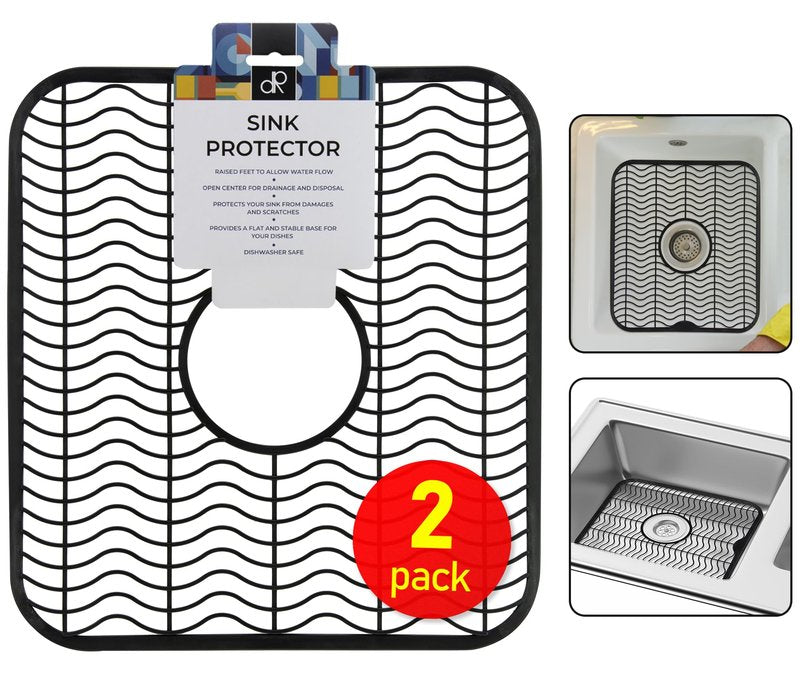 DecorRack 2 Sink Protectors for Kitchen Sink, Plastic 12" x 11" Dish Rack, Protect Sink from Stains, Damage, Scratches, Dishwasher Safe Grid Mat for Kitchen (2 Pack, Black)