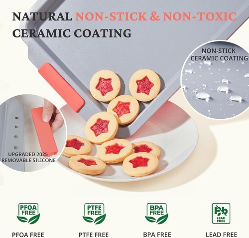 BRONYPRO Non-Stick Ceramic Baking Sheet Set | 3 Heavy-Duty Cookie Sheets - PFOA & PTFE Free, Coral