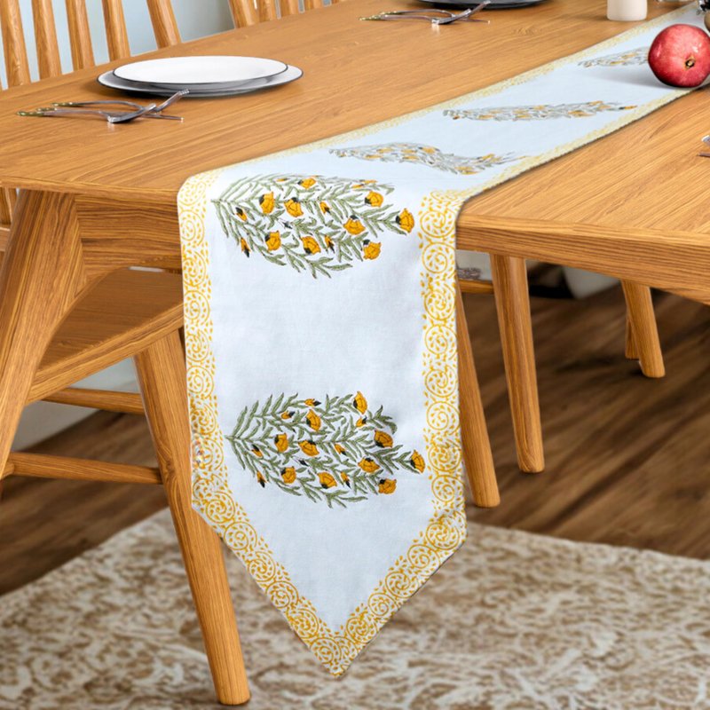 Handcrafted Hand Block Print Table Runner 72 Inch 4-6 Seater - Fall & Holiday Dinner Collection - 100% Canvas Cotton Floral - Dining Coffee Center Kitchen Table - Washable Gift-Boxed - Yellow & White