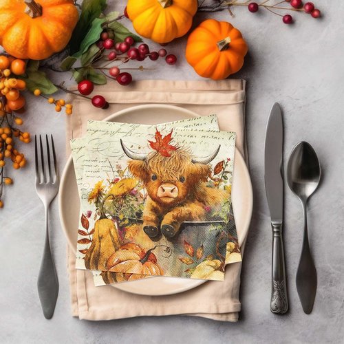 JarThenaAMCS 80Pcs Fall Paper Napkins Highland Cow Pumpkin Disposable Napkins Thanksgiving Decorative Luncheon Dinner Table Napkins for Autumn Harvest Wedding Party Supplies