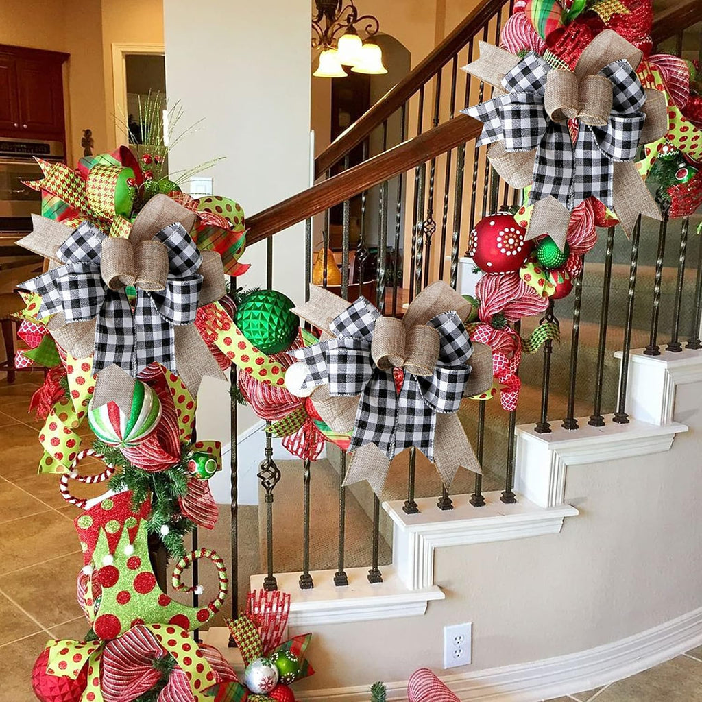 SIMISI RIBBON Christmas Buffalo Plaid Bow - Black & White Burlap Wreath Decor (9.5 x 13 Inch)
