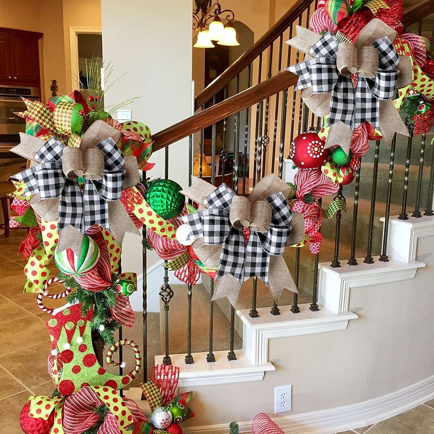 SIMISI RIBBON Christmas Buffalo Plaid Bow - Black & White Burlap Wreath Decor (9.5 x 13 Inch)