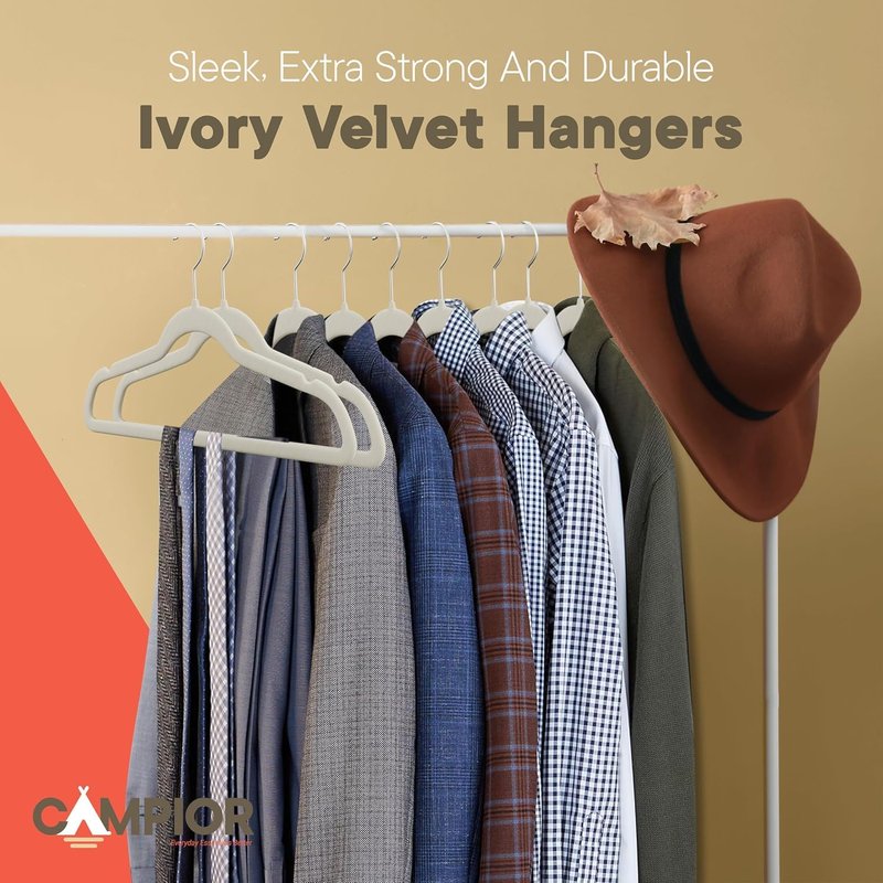 Ivory Velvet Hangers 150 Pack – 360° Swivel Hook, Non-Slip and Space Saving Hangers, Heavy-Duty 11 lbs Weight Capacity - Smooth Velvet Finish for Crease-Free Clothes and Effortless Closet Organization