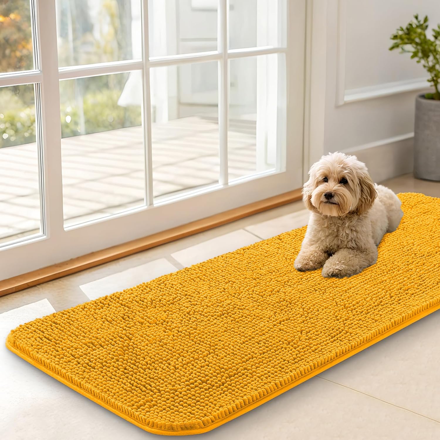 OLANLY Dog Door Mat - Absorbent Non-Slip Muddy Paws Mat | Quick Dry Chenille 47x17, Golden Yellow
