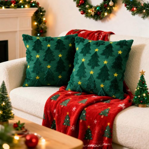 Hongsome Green Christmas Decor | Plush Faux Fur Throw Pillow Covers - Set of 2, 18x18in, Xmas Tree Design