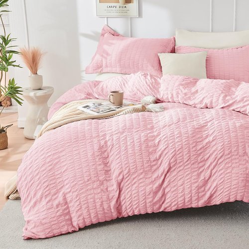 HYMOKEGE Twin Comforter Set - Luxury 5-Piece Seersucker Bedding in Pink/Ivory for All Seasons