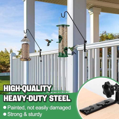 Biubee Deck Bird Feeder Hanger - Heavy-Duty Steel Railing Hook with Adjustable Clamp | 13.8 Inches, 2-Pack