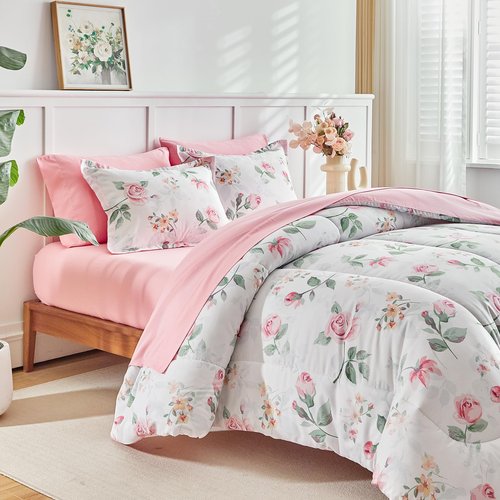 Flower Comforter Set with Sheet Set White Botanical Bed in a Bag Queen Size Light Pink Orange Floral Green Leaves Super Cute Soft Microfiber 7 Pieces Bedding Set with Pillowcases for Girls Women