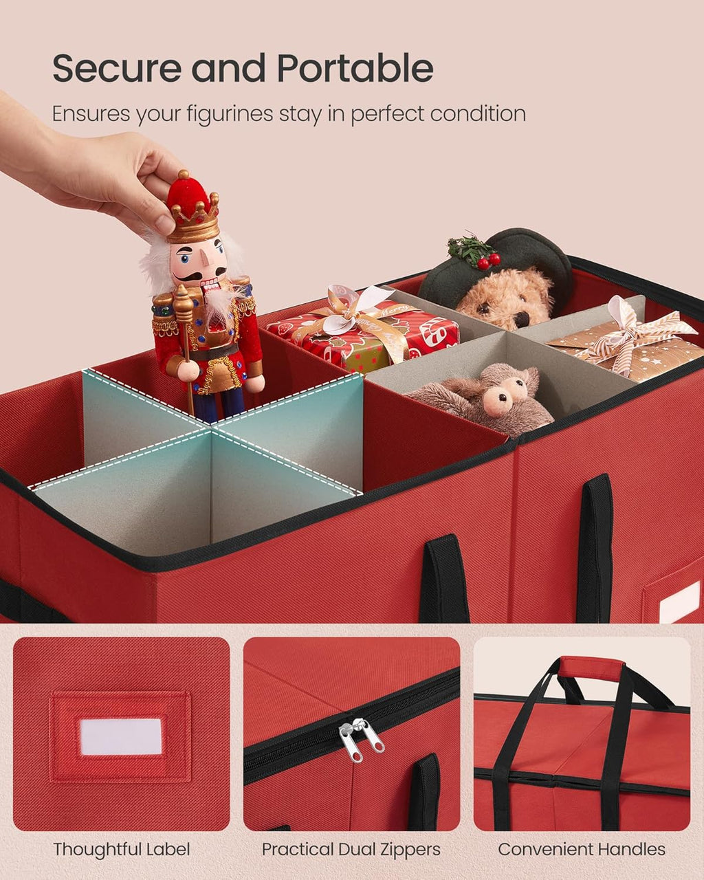 SONGMICS Christmas Figurine Storage Box - Organize 15-Inch Figurines & Nutcrackers | Cherry Red, 8 Slots, Adjustable Dividers