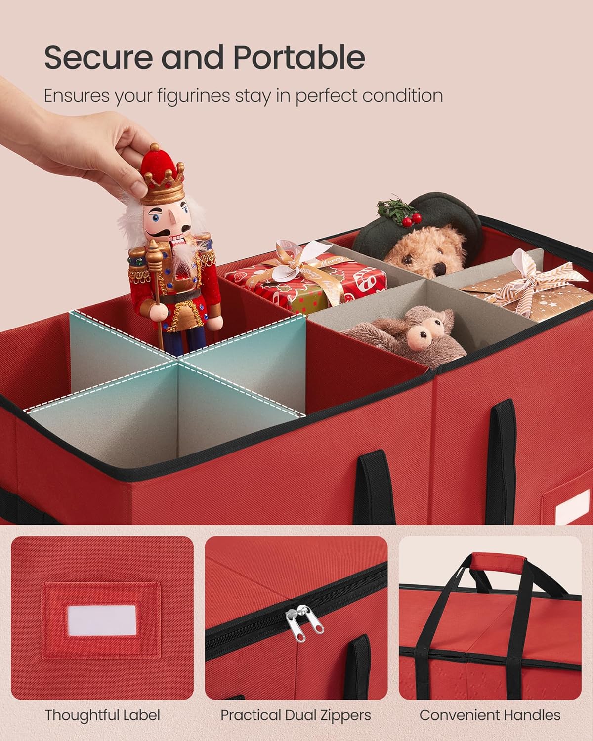 SONGMICS Christmas Figurine Storage Box - Organize 15-Inch Figurines & Nutcrackers | Cherry Red, 8 Slots, Adjustable Dividers
