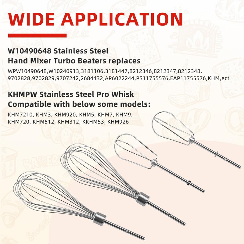 W10490648 Hand Mixer Turbo Beaters KHM2B (2 Pack) & KHMPW Stainless Steel Pro Mixer Whisk Attachment(2 Pack) Fit for Kitchen Mixer KHM Series by Fetechmate