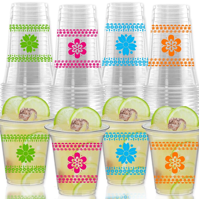 60 Pcs 12 oz Fiesta Plastic Cups Mexican Cinco De Mayo Party Decorations Disposable Mexican Papel Picado Pattern Clear Cups for Taco Theme Party Decors Supplies