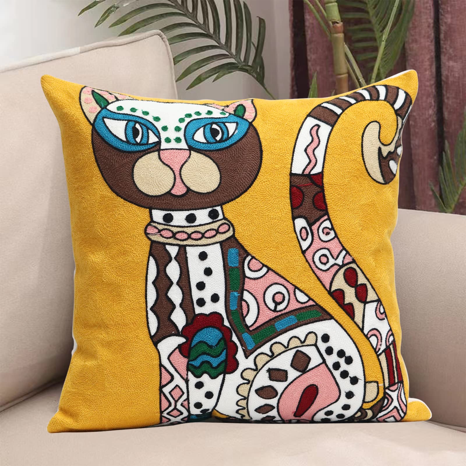 UnionKK 1 Pcs Embroidered Decorative Throw Pillows Covers for Sofa Decor Cushion Cases 18 x 18 Inch (Big Cat)