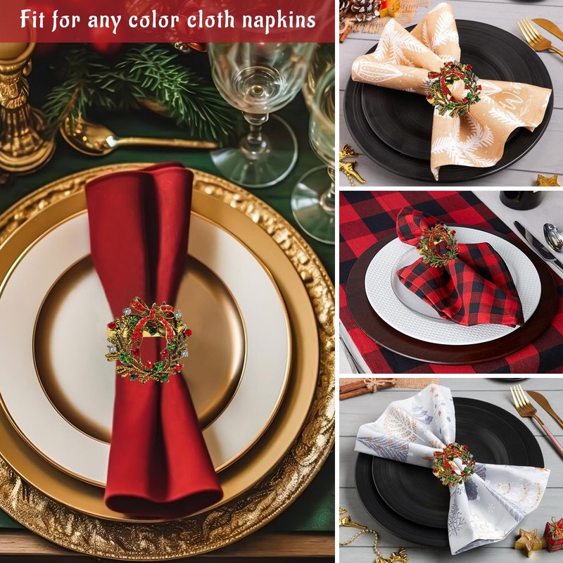 Legigo Set of 6 Christmas Wreath Napkin Rings Set- Metal Xmas Napkin Ring Holders for Cloth Napkins, Christmas Holiday Party Dinner Table Decoration