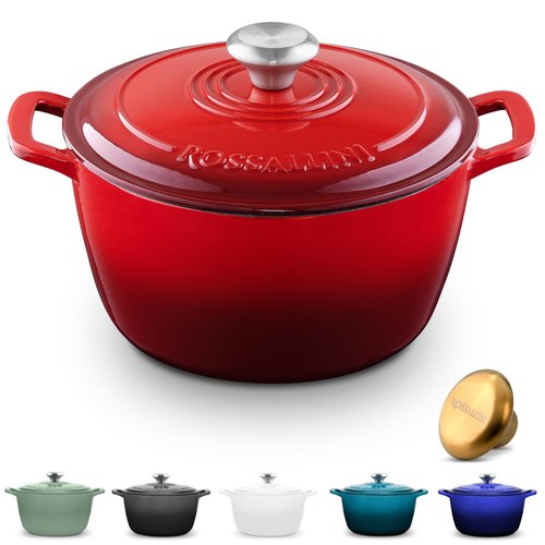 ROSSALLINI Signature Enameled Cast Iron Dutch Oven, Non-Stick Serving Pot with Tight Fitting Lid for Perfect Roasting, Baking, Sauteing, and Bread Making | 2Q (1.9L) - Red