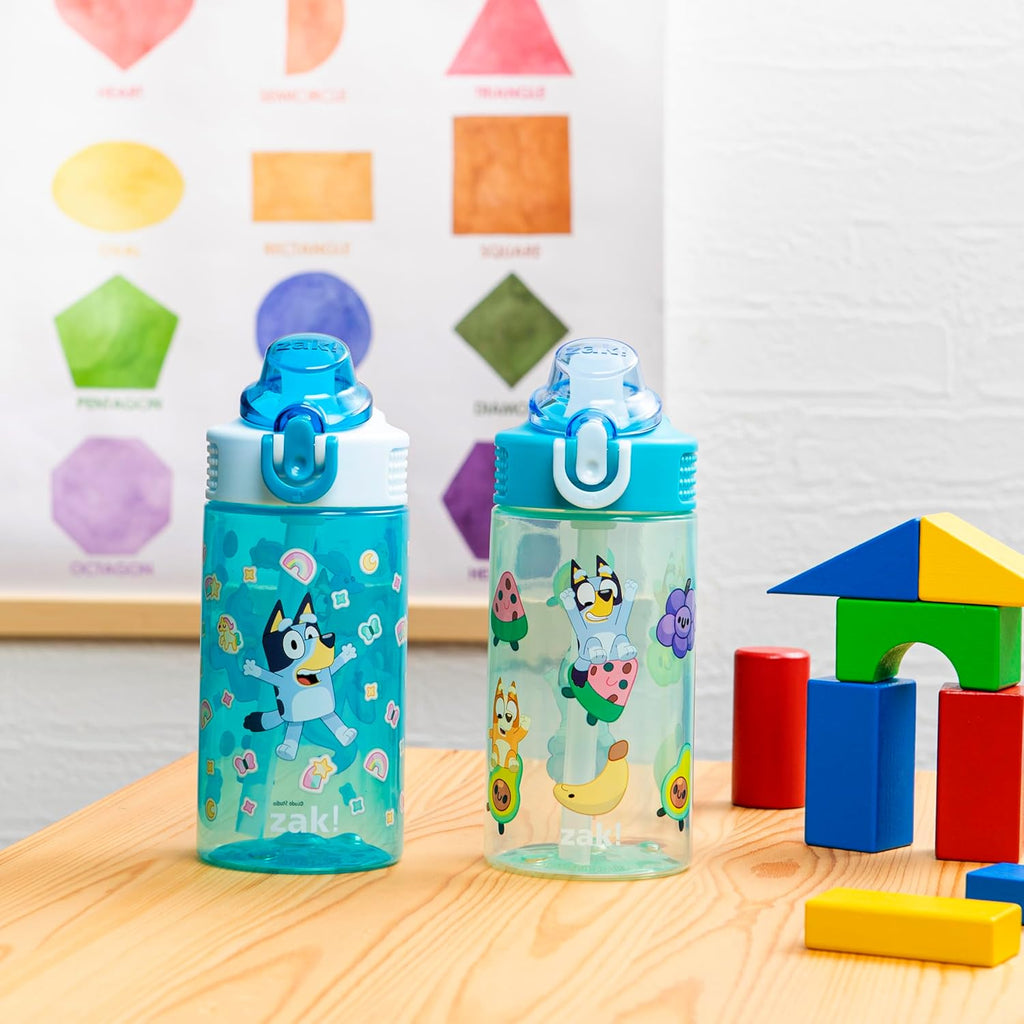 Zak Designs Bluey Sage Kids Water Bottle - 16oz Durable Plastic With Straw & Leak-Proof Cover | 2-Pack Set