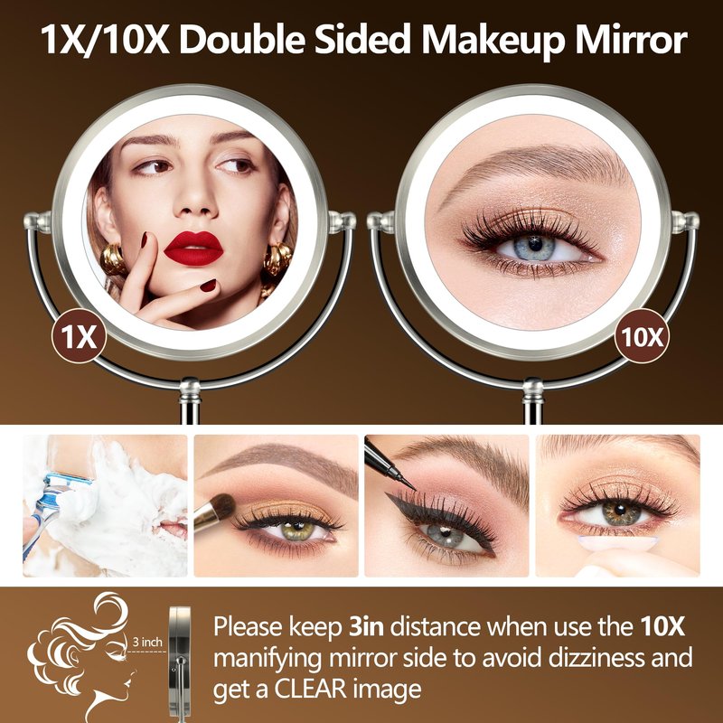 10X Magnifying Mirror with Light, Rechargeable 9" Lighted makeup mirror with magnification, 3 Color Modes, Adjustable Brightness, No Assembly Required, 360° Rotation Cosmetic Mirror, Pearl Nickel