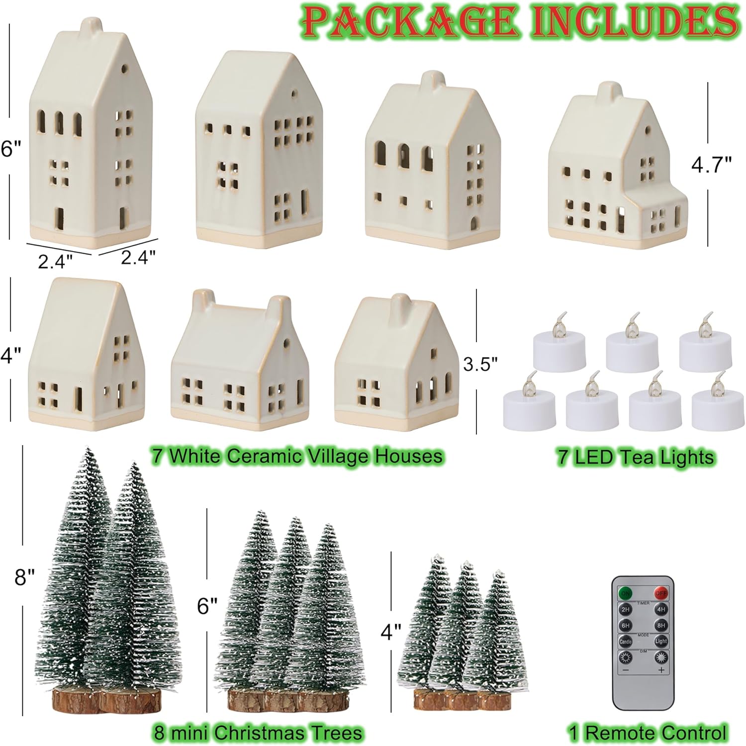 Skiennix Christmas Village Set - 7 White Ceramic Houses with LED Tea Lights & Mini Trees | Festive Indoor Decor for Fireplace & Tabletop