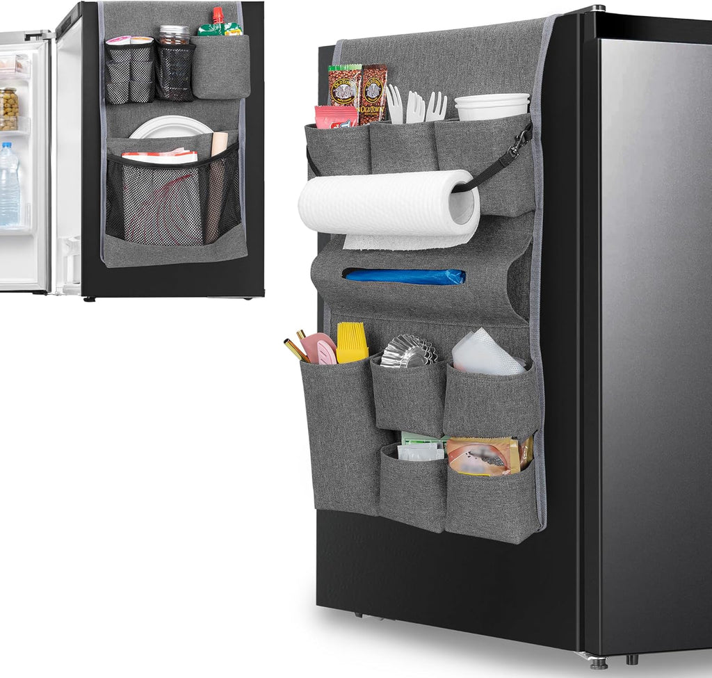 Rexmica Mini Fridge Organizer - 14-Pocket Dust Cover for Kitchen, Office & Dorm Storage | Gray