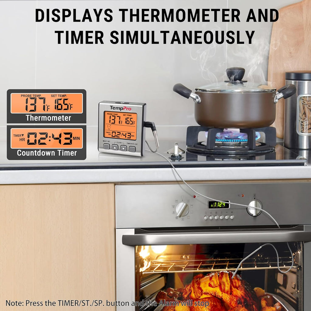 TempPro Digital Meat Thermometer - Accurate Cooking & Grilling Tool with Backlight & Timer | Perfect for Smoker, Oven & BBQ