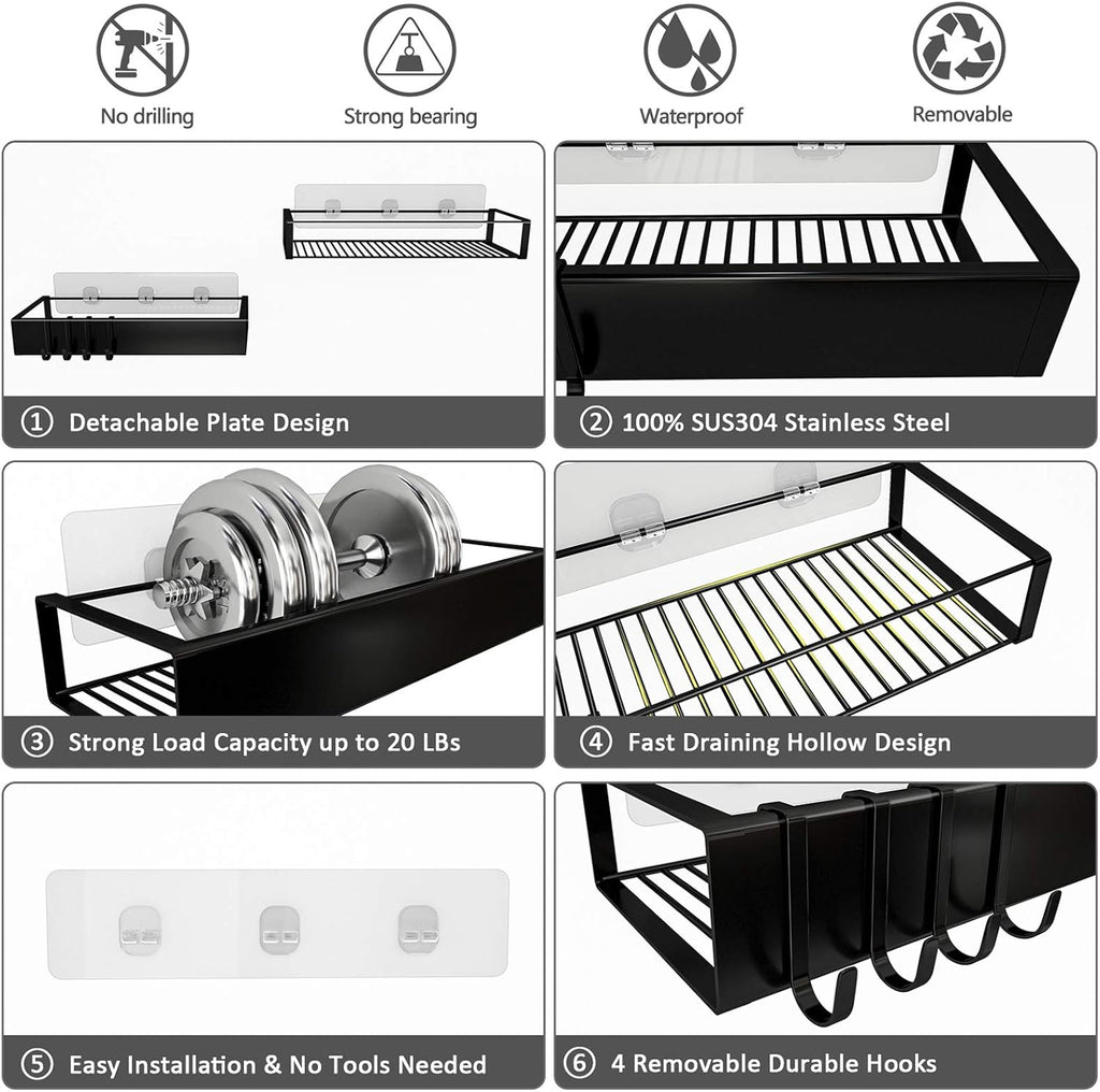 Skiennix Shower Caddy - Adhesive Organizer with Hooks | No-Drill Shower Rack Holder - 2 Pack Black