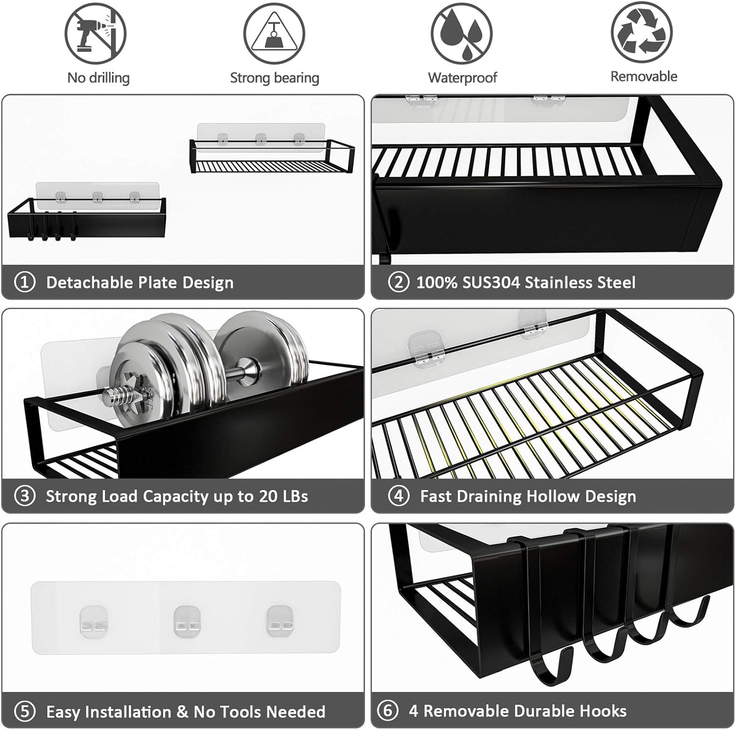 Skiennix Shower Caddy - Adhesive Organizer with Hooks | No-Drill Shower Rack Holder - 2 Pack Black