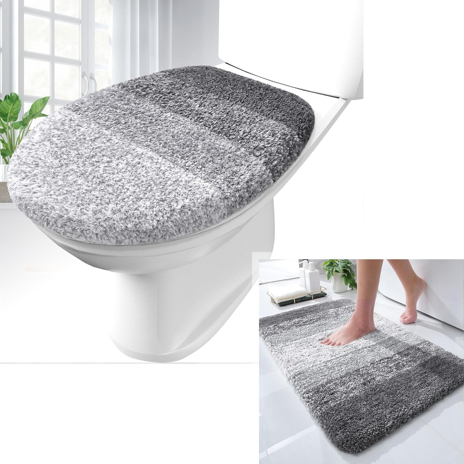 OLANLY Ombre Bath Rug Set - Soft Grey Bathroom Rug (30x20) & Toilet Lid Cover (17.5x15) Bundle