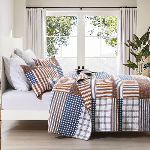 BCOTTOND Quilt, 100% Cotton Queen Quilt Set Patchwork Plaid Quilt Bedding Set Brown Blue Reversible Lightweight King Bedspread for All Season 3-Piece
