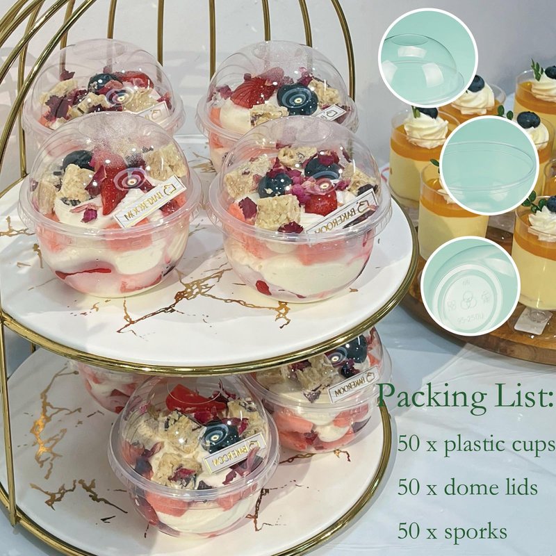 Hiasobre 50 Pack Plastic Cups with Dome Lids and Spoons, 8 oz Clear Dessert Cups with No Hole Lids, Mini Disposable Parfait Cups for Fruit Ice Cream Pudding Yogurt Trifle