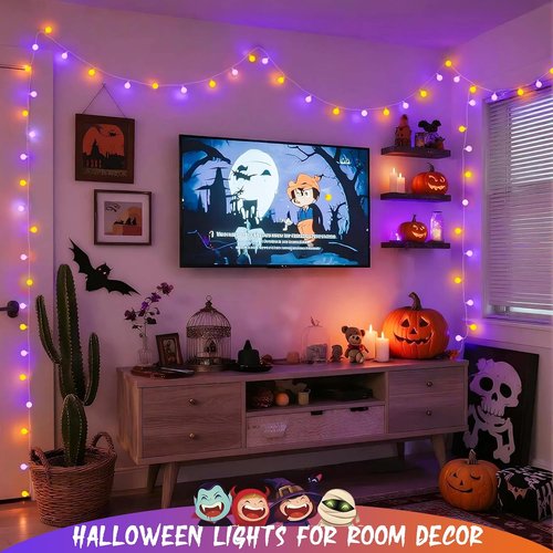 JMEXSUSS 100 LED Globe String Lights - 33ft Indoor/Outdoor Fairy Lights with Remote & 8 Modes | Orange & Purple