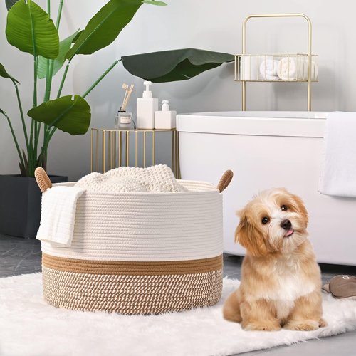 KAKAMAY Large Woven Blanket Basket - Cotton Rope Storage Hamper for Baby Toys & Laundry | White/Brown