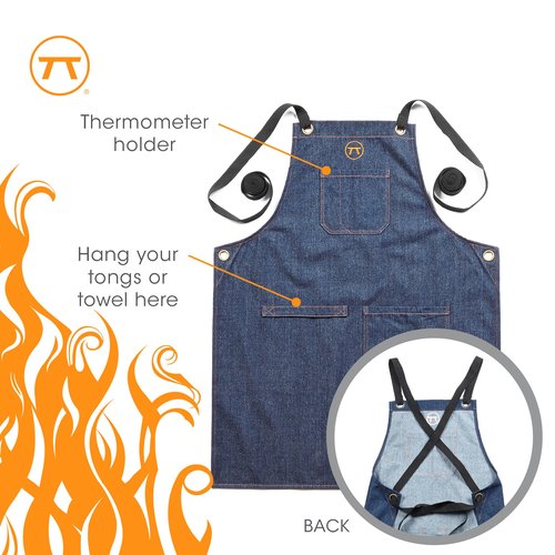 Outset Grill and Kitchen Apron, Cross Back Blue Denim Apron With Pockets, 27" x 30"