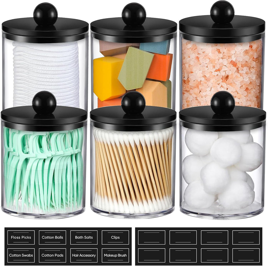 Skiennix Acrylic Qtip Holder Dispenser - 6 Pack Cotton Swab & Makeup Storage Canisters | Clear & Black