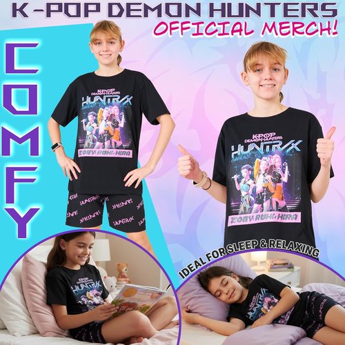 KPop Demon Hunters | Officially Licensed 2-Pc Girls' Pajama Set - Soft T-Shirt & Shorts, Ages 5-14